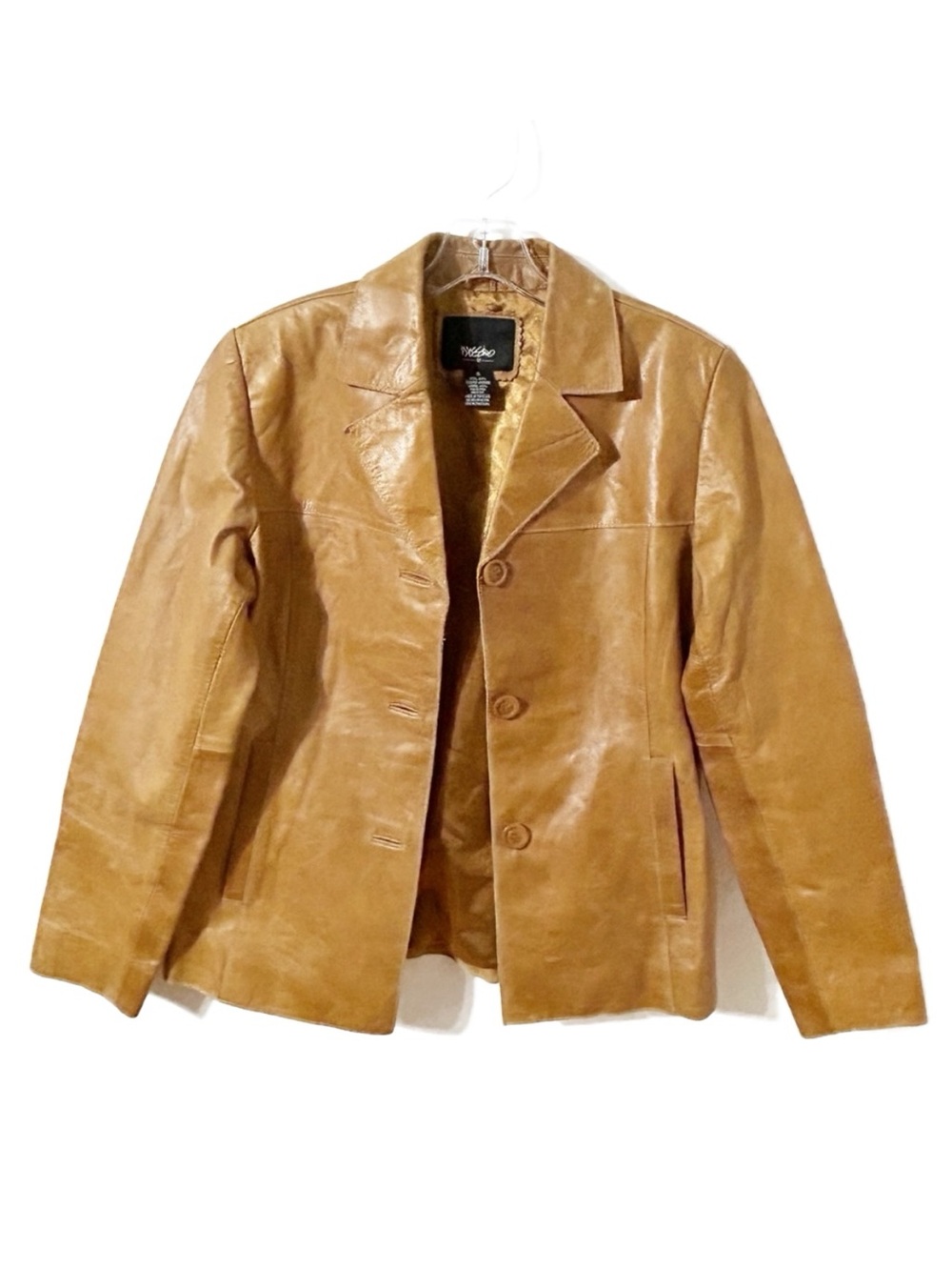 Mossimo Genuine Leather Blazer Jacket Fully Lined Size S Cognac Tan Camel Brown